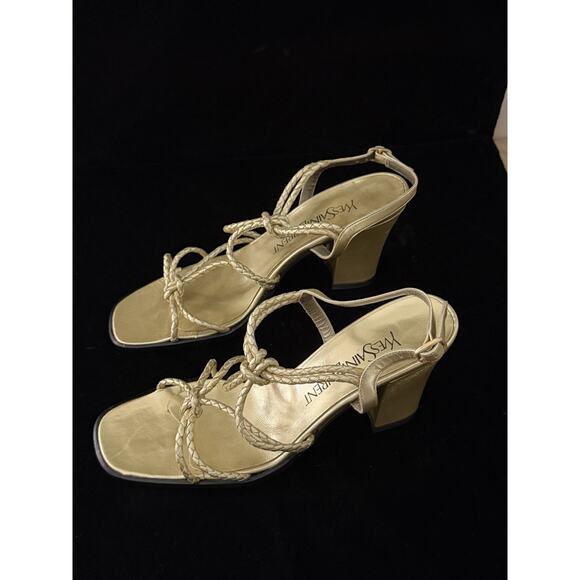 Yves Saint Laurent Braided Leather Gold Chunky Heel Open Toe Sandal 7.5 - Picture 4 of 11